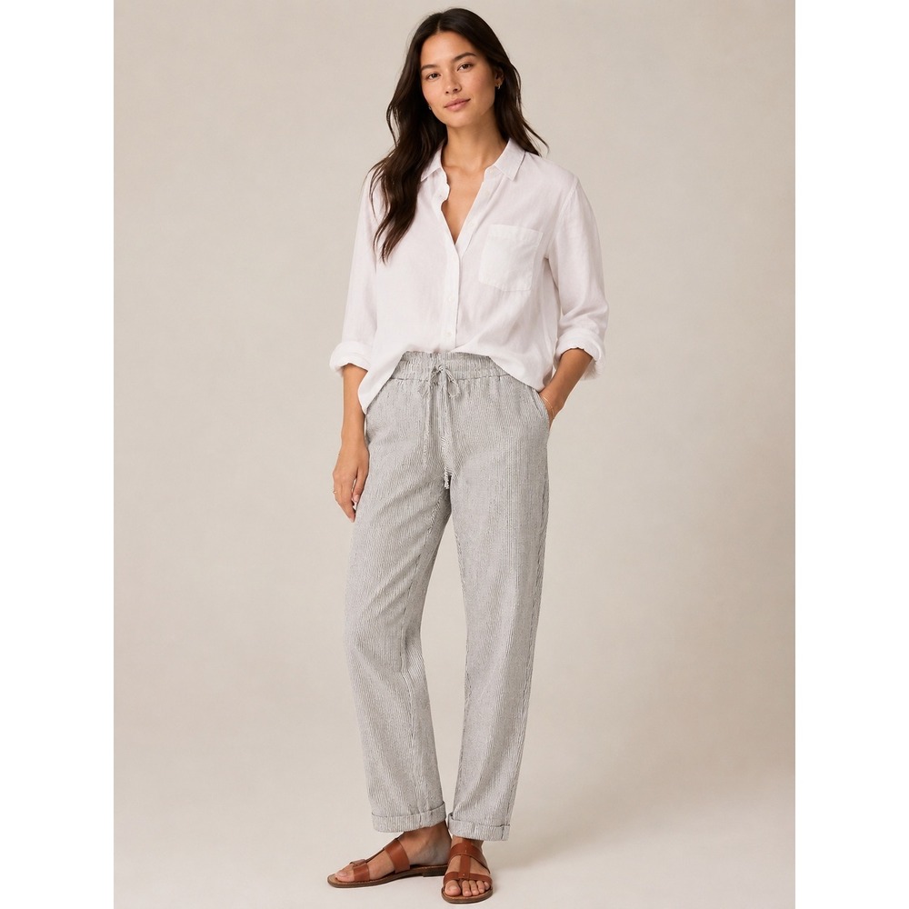 J.Crew Womens Striped Linen Cotton Blend Pull On Seaside Pants Size 8 Blue White